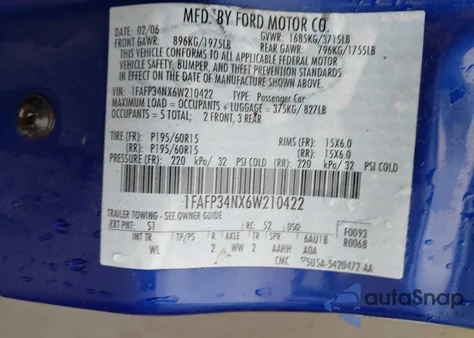 2006 Ford Focus Zx4 из США, поврежденный, VIN 1FAFP34NX6W210422